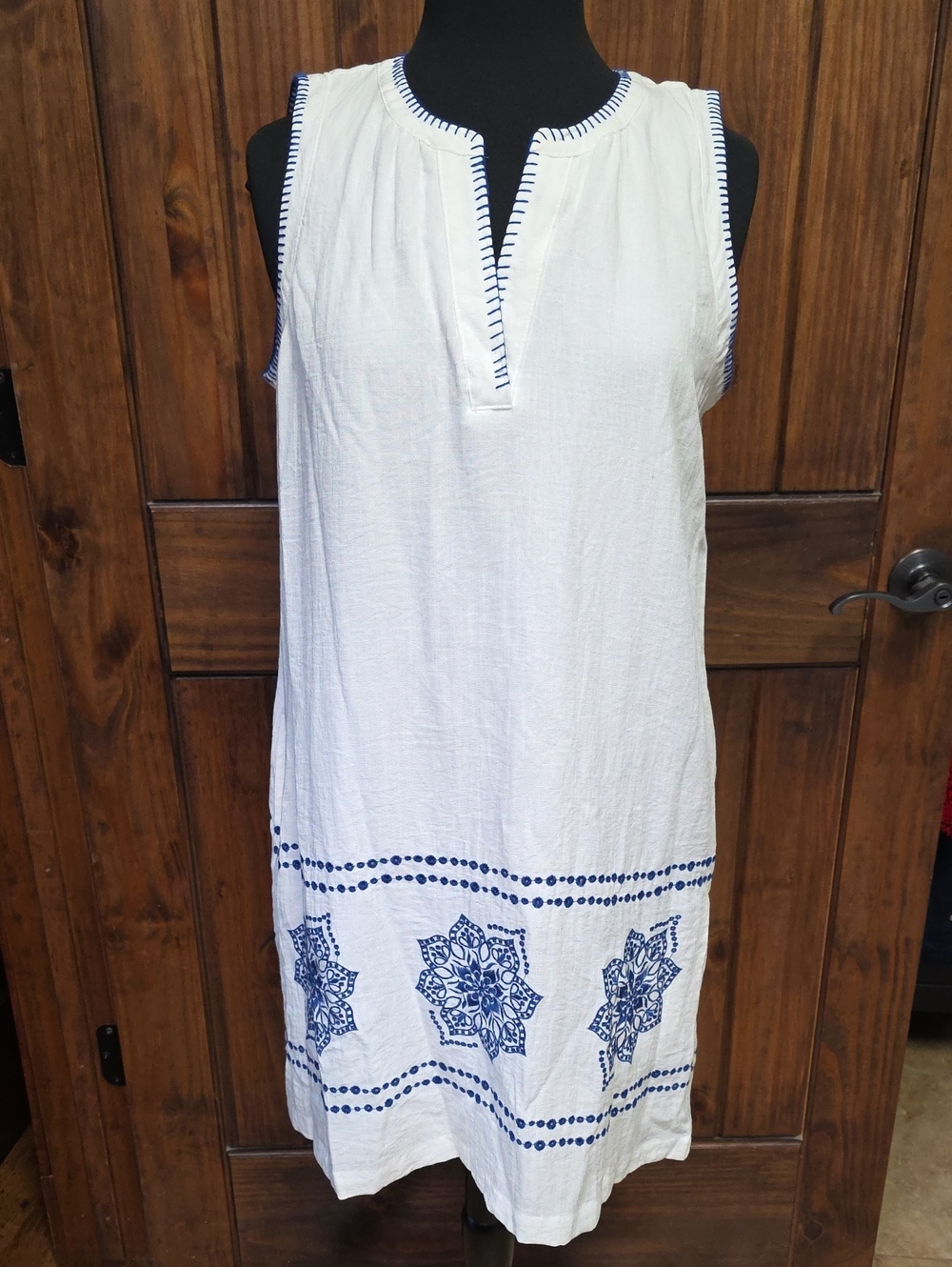 Calypso St. Barth White Sleeveless Dress with Navy Embroidery